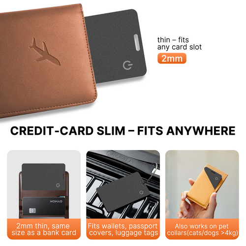 Credit-card slim tracker fits in a wallet slot