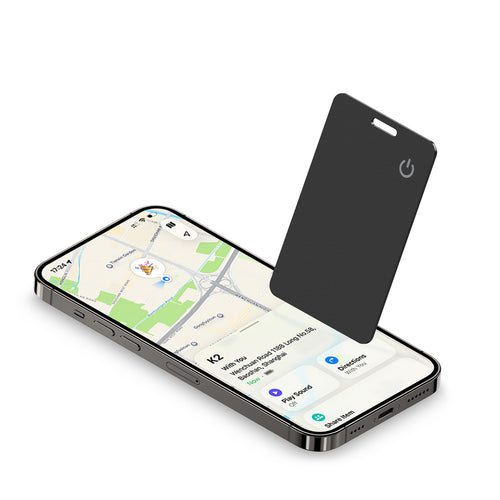 Slimfind tracker card next to iPhone showing Find My map