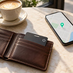 Slimfind card in a wallet on a cafe table next to a phone showing a map